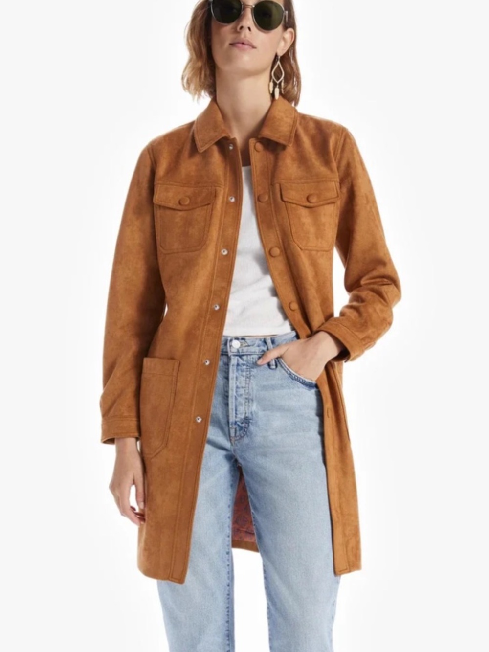 Mother The Patch Pocket Car Coat Faux Suede 70s Long Jacket XS